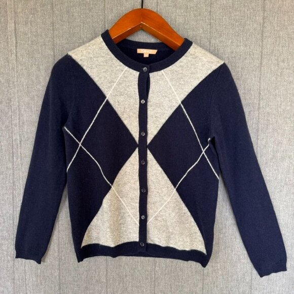 Kier+J 100% Cashmere Navy Blue Gray Pink Plaid Button Cardigan Sweater Size M - Picture 1 of 11